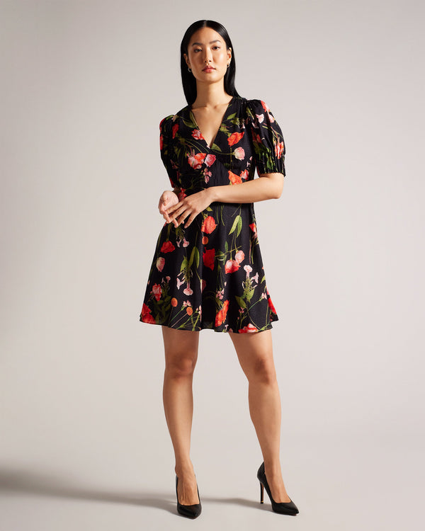 SIENNO-Dresses-It's all in the details: Mini length Floral print Puff sleeves V-neck Zip at the back- Ted Baker Romania